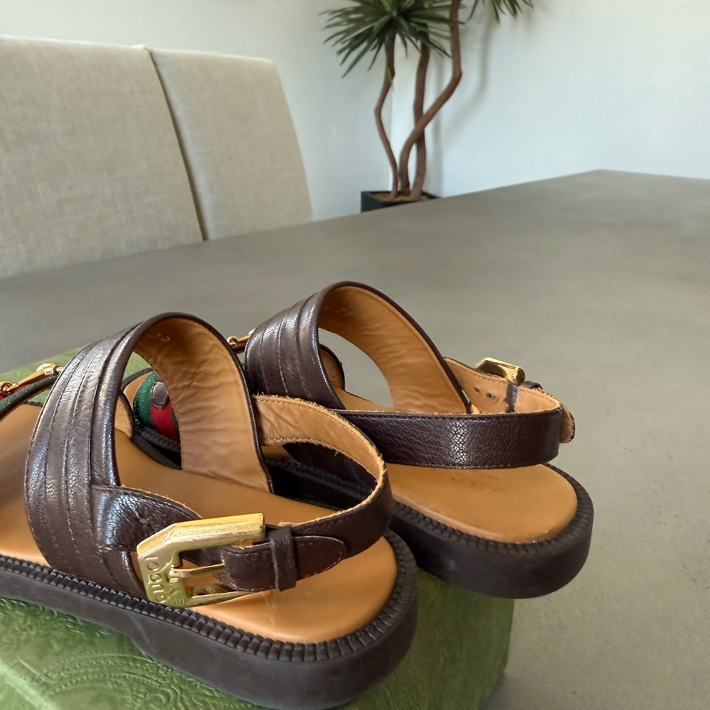 Kids Brown Leather Sandals with Green & Red Accent - Picture 9 of 10